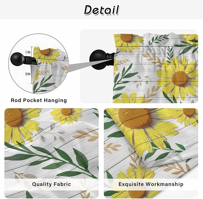 Yellow Daisy Tier Curtains, Farmhouse Country Flower Leaf Plant Wood Grain