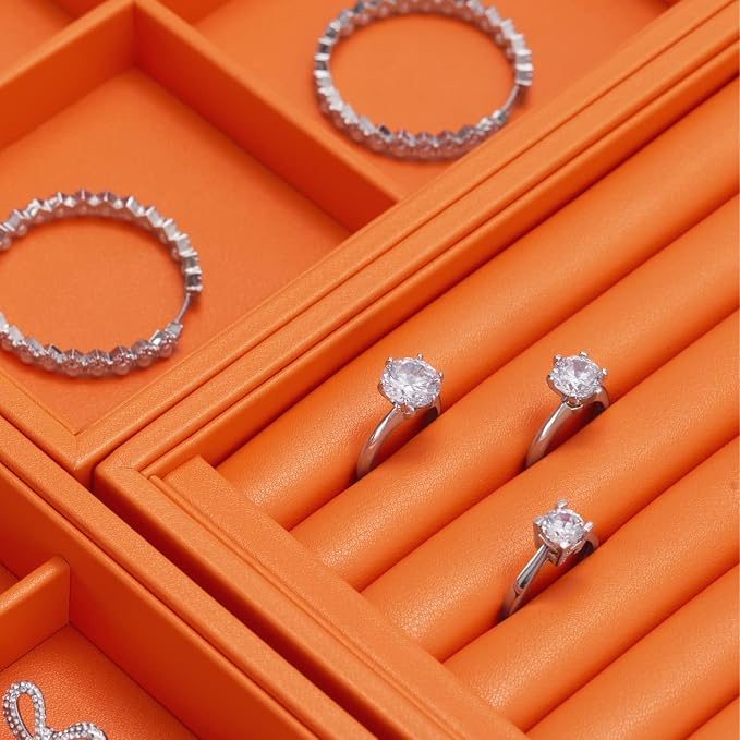 Oirlv Luxury Orange Leather Jewelry Tray Stackable Flat Jewelry Drawer
