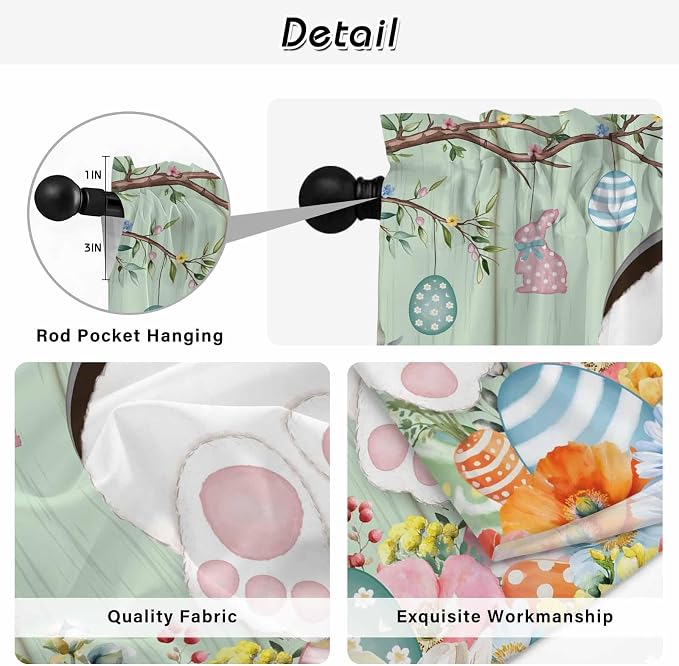 Easter Kitchen Tier Curtains 45 Inch Long 2 Panel Set, Rod Pocket Short Window
