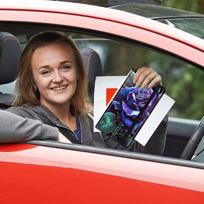 Car Registration and Insurance Holder, Leather Car Glove Box Organizer, Cool Car Accessories for ID, Driver's License Cards & Essential Document,Business Cards,Men&Women,Purple Rose Flower
