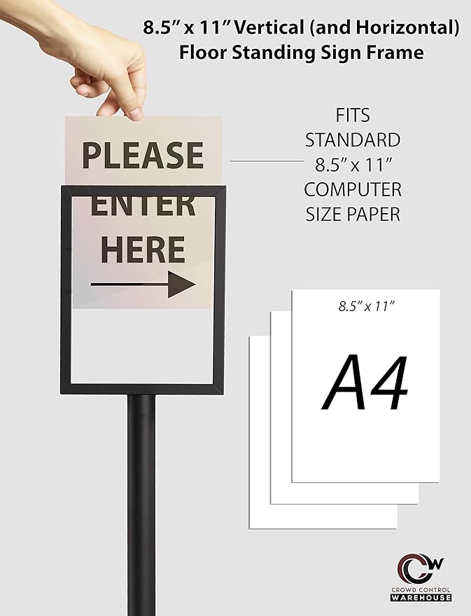 Crowd Control Warehouse Pedestal Standing Floor Sign Frame with Sloped Base, 8.5x11 Inch Vertical, Polished Stainless Steel