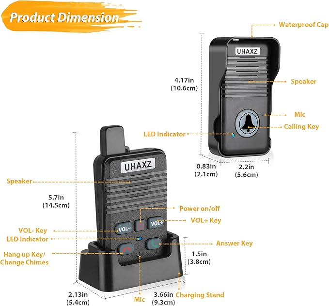 Wireless Doorbell, Full Duplex Doorbell Wireless, 1000ft Long Range, Hands-Free