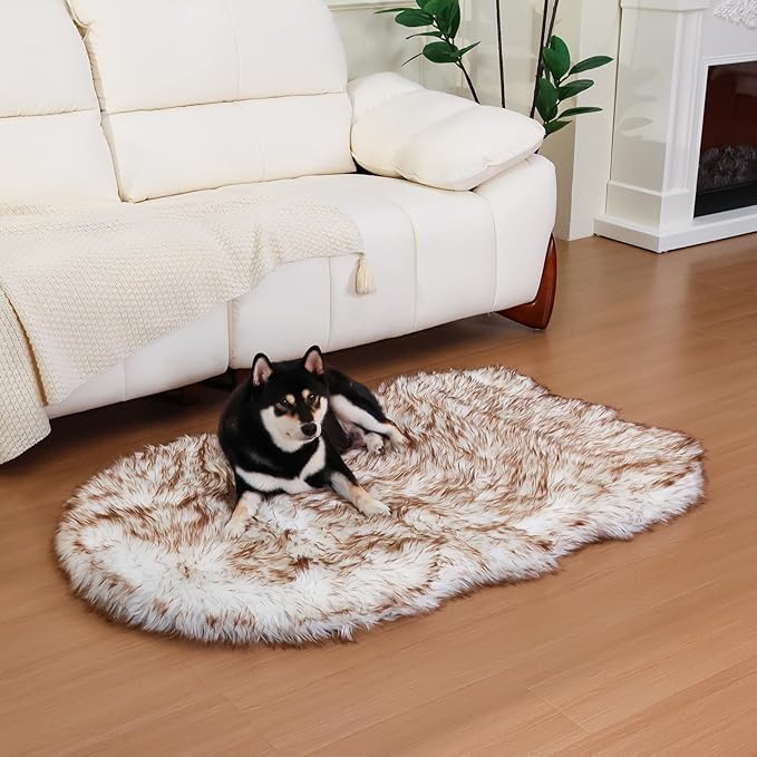 63 Inch Faux Fur Dog Bed for Large/Medium Dogs Orthopedic Beds with Fluffy Faux Fur & Soft Memory Foam for Joint Pain Relief, Machine Washable and Waterproof Dog Couch Beds White with Brown 