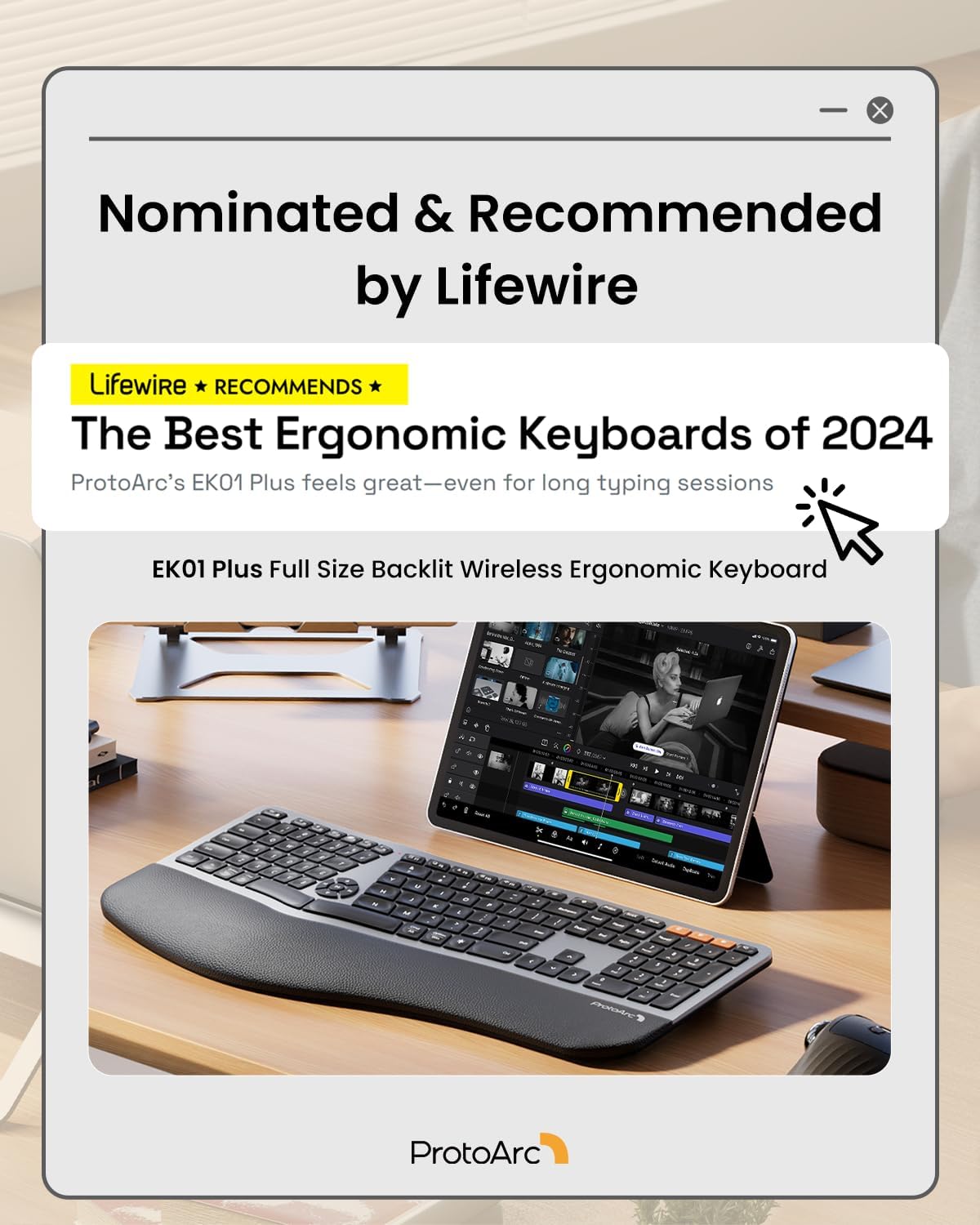 ProtoArc EK01 Plus Backlit Bluetooth Ergonomic Keyboard, Full Size, Grey