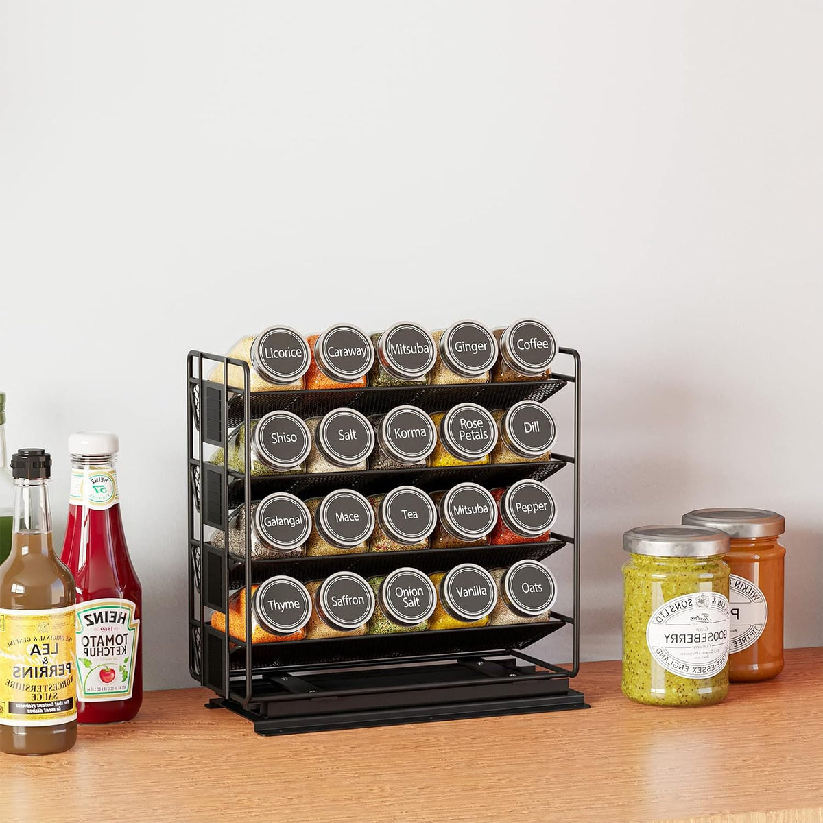SpaceAid Pull Out Spice Rack Organizer with 20 Jars, Heavy Duty Slide Out Seasoning Organizer for Kitchen Cabinets, with 801 Labels and Chalk Marker, Right Facing