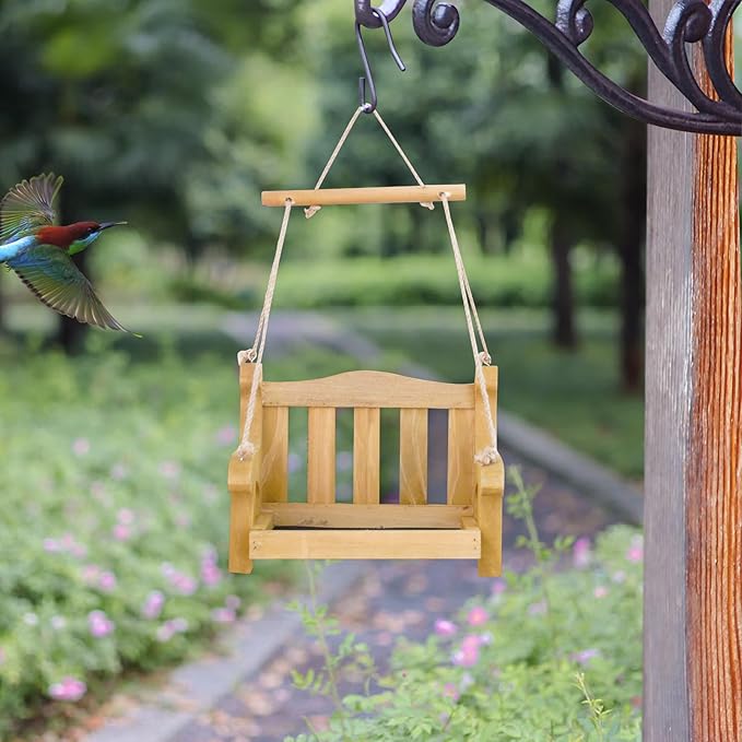 Notakia Set of 2 Swing Wild Bird Feeder Stand for Outside, Metal Mesh Bottom, Wood Bench Shaped Bird Feeders for Outside Hanging, Swing Chair Bird Feeder for Garden Yard Patio,Porch Decoration