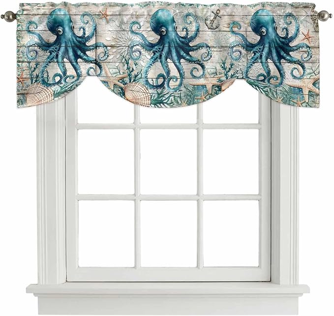 Sea Octopus Ocean Starfish Tie Up Valance Curtains, Nautical Anchor Vintage