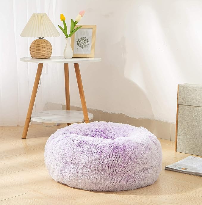 Calming Dog Bed X-Large, Soft Round Cuddler Dog Beds Fluffy Plush Faux Fur Pet Beds, Anit-Anxiety Self-Warming Comfy (32", Purple)