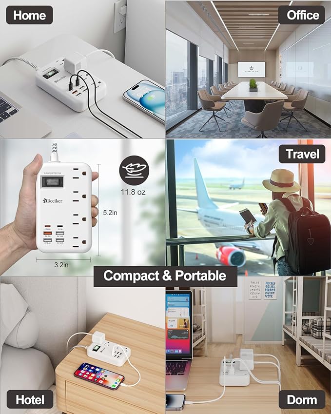 45W USB C Surge Protector Power Strip, Travel Power Strip with 6 USB(2 USB C) Ports and 4 Outlets,5Ft Flat Plug Braided Extension Cord, PD 45W Fast Charging for MacBook Laptops iPad Pro iPhone Samsung