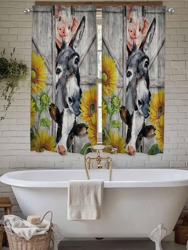 Farmhouse Living Room Curtains 72 Inches length, Vintage Sunflowers Animals