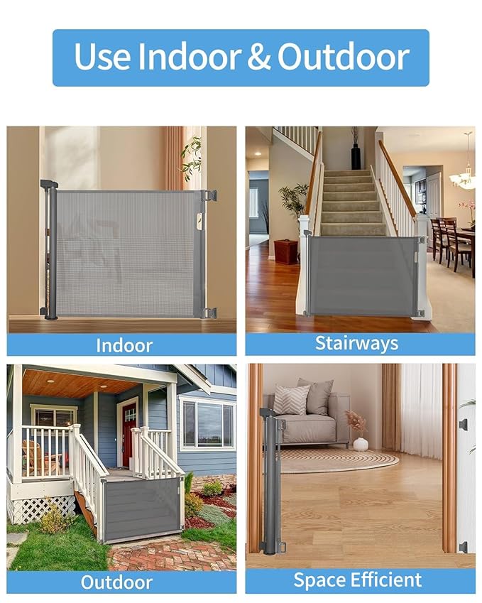 (2 Pack) Retractable Baby Gate for Doorways and Stairs, Mesh Safety Gate for Pet, Indoor & Outdoor Use, One-Hand Operation, Easy Installation, 33.6" Tall, Expands to 55" Wide(Grey,33.6"x55"