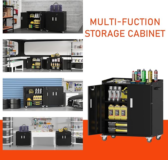 Metal Garage Storage Cabinet with Wheels ,Lockable Rolling Tool Chest on Wheels, Utility Cabinet for Home, Office, Garage and Workshop(Black)