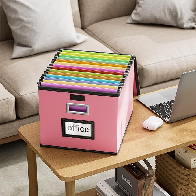 Huolewa File Organizer Box with Lid, Collapsible Leather File Folder Organizer for Office Document Storage, Filing Box with Plastic Slide for Letter/Legal Size Hanging Files, Pink
