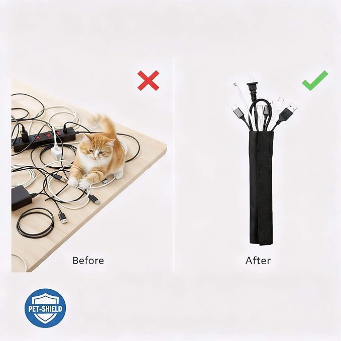 1/2" - 6.6FT Chew Proof Cat Cord Protector(Hook & Loop Split Sleeve for Pets - Cat/Dog Proof Cable Management Sleeve for Office USB Computer Audio Cables, Flexible Wire Cover - Black