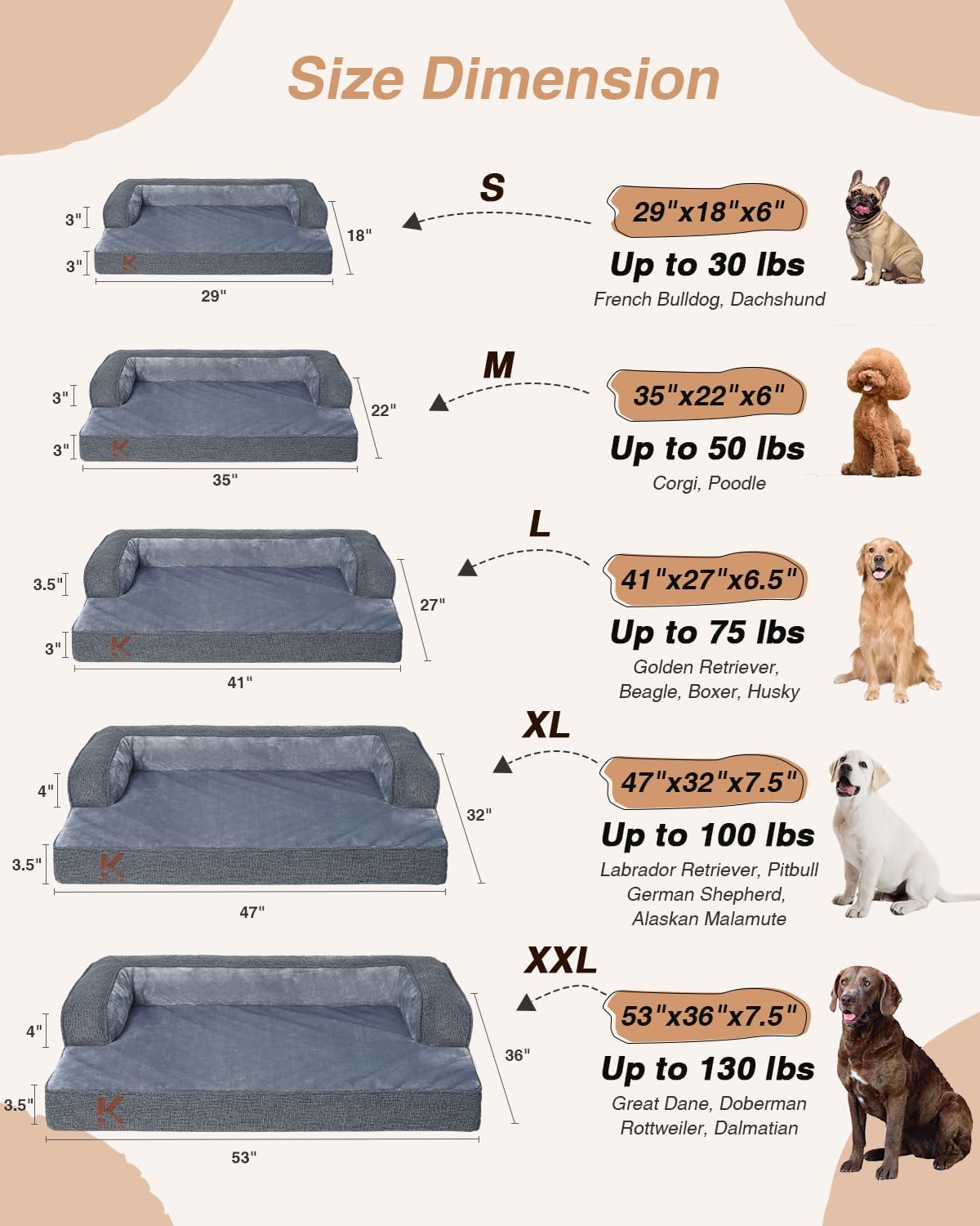 KSIIA Orthopedic Dog Bed for Medium Size Dog,Washable Pet Sofa with U-Shaped Bolster Removable Waterproof Cover Non-Slip Bottom and Egg-Crate Orthopedic Foam Pet Couch Bed, 35 x 22 Inch, Dark Gray
