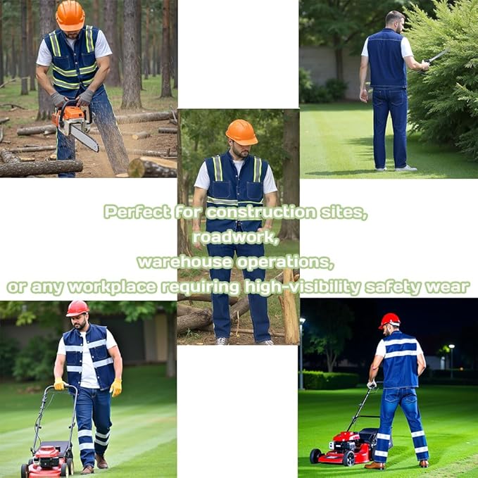 YOWESHOP Men's Reflective Safety Denim Vest,Custom Safety Outdoor Denim Work Vest with Hi-Vis Stripes for Night Commute