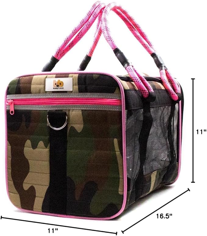 Buddy's Best Airline Approved Pet Carrier β Army Camo & Pink Heavy Duty, Fits Under Seat, TSA Compliant, Ventilated Mesh Design w/Waterproof Base & Reflective Safety Strips