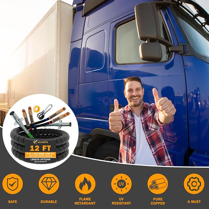 12FT Semi Truck Air Lines Kit 3IN1 Trailer Cord and Air Brake Hoses Assembly