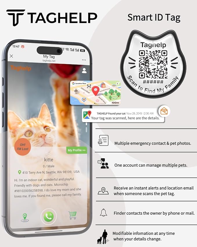 Smart Breakaway Cat Collar with QR Code Pet ID, Built-in AirTag Holder, Adjustable Cotton Cat Collar with Bell for Kittens and Adult Cats ,Pastoral Style with airtag Holder(Purple)