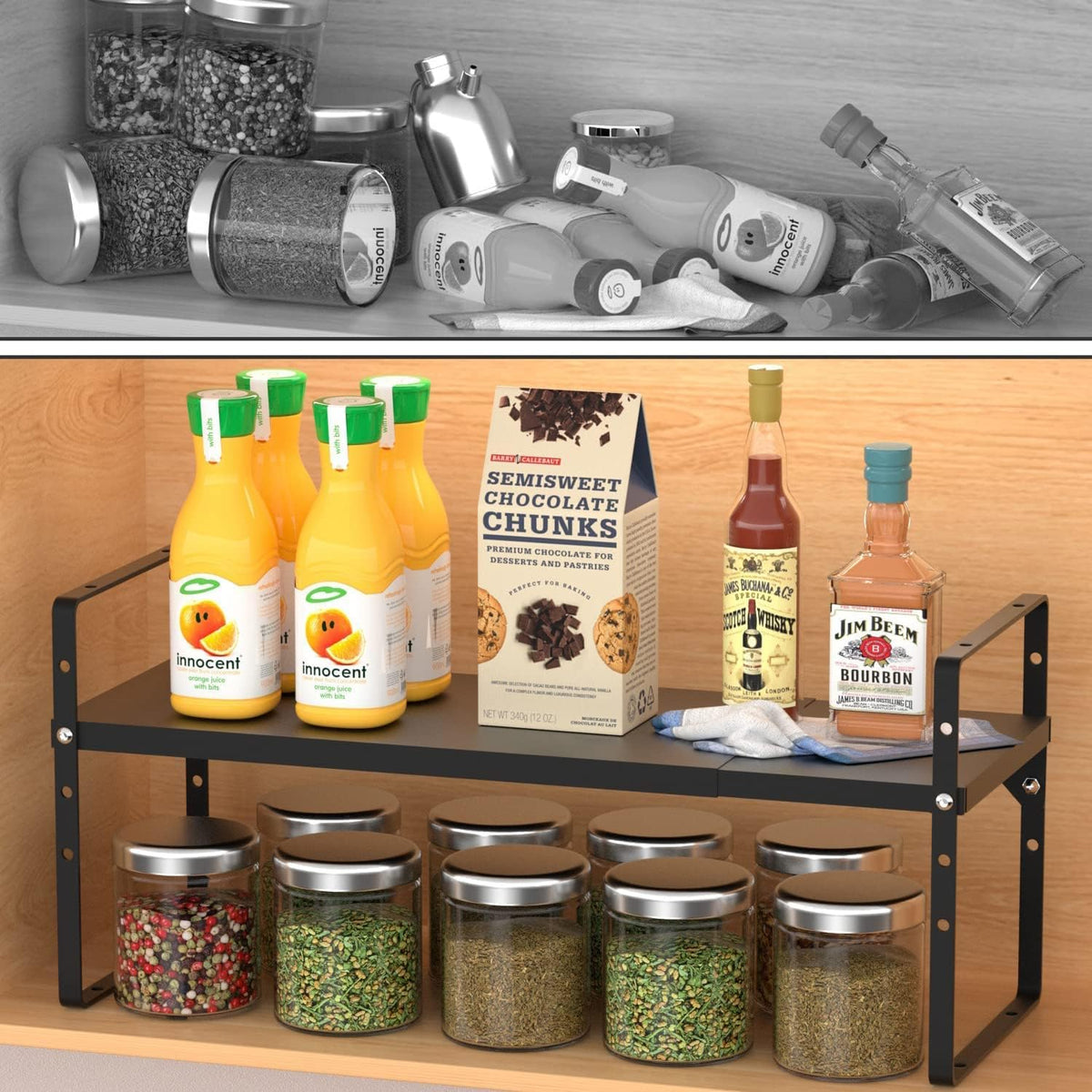 Expandable Cabinet Shelf Organizer, Stackable Kitchen Pantry Counter Storage, Adjustable Closet Cupboard Stand Rack Risers Spice Organization 80LBS Heavy Duty Black Large 1 Pack