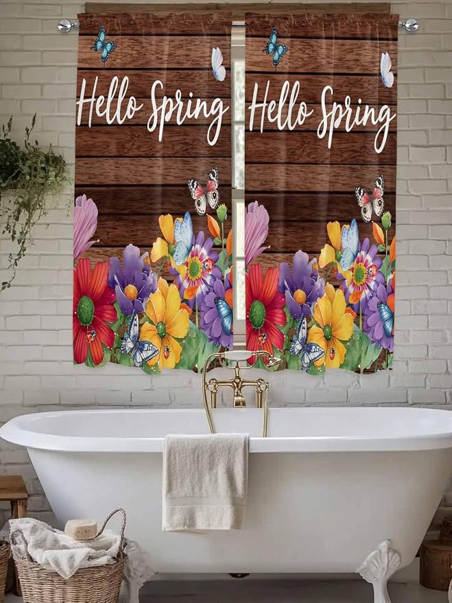 Spring Flowers Bedroom Curtains 63 Inches length, Watercolor Farmhouse Colorful