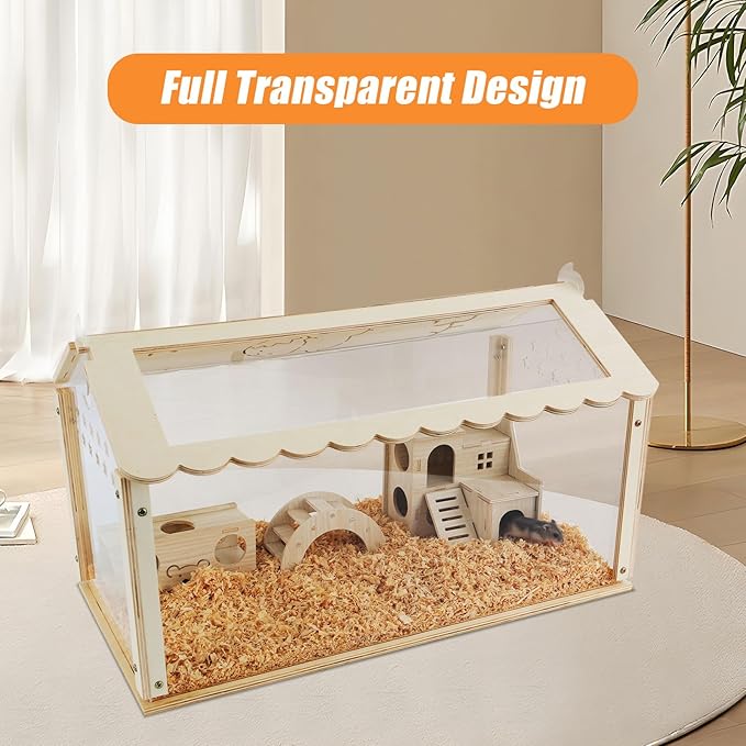 Hamster cage Wooden with Acrylic, Dwarf Hamster cage, Small Animal Habitat with Openable Top, Mouse cage for Guinea Pigs, Chinchillas, Gerbil, Syrian Hamster (24inch)