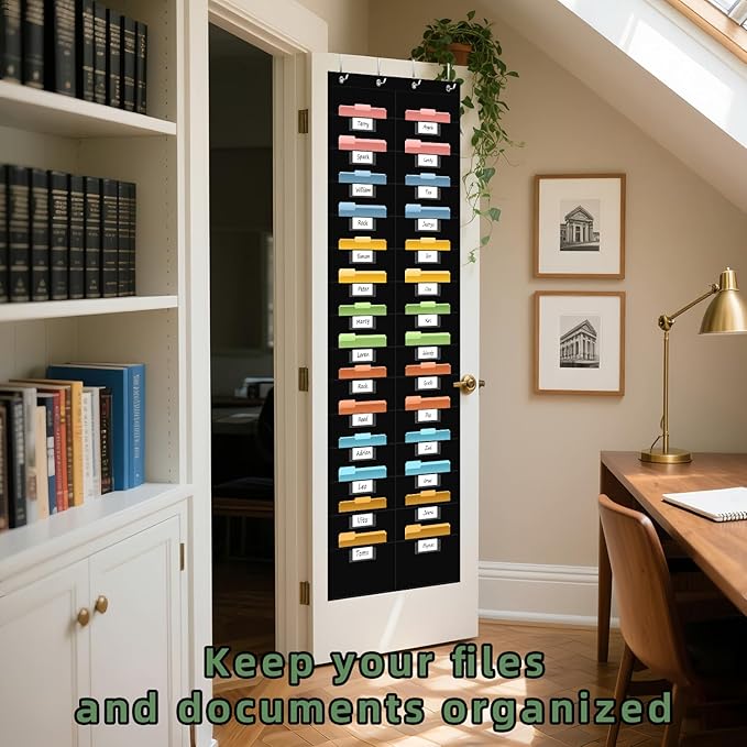 28 Pocket Hanging Wall File Organizer with 28 Name tag Pockets, File Storage Pocket Chart for Classroom and Office Use. Keeps Assignments, Files, Scrapbooks, and Papers Neatly Organized.