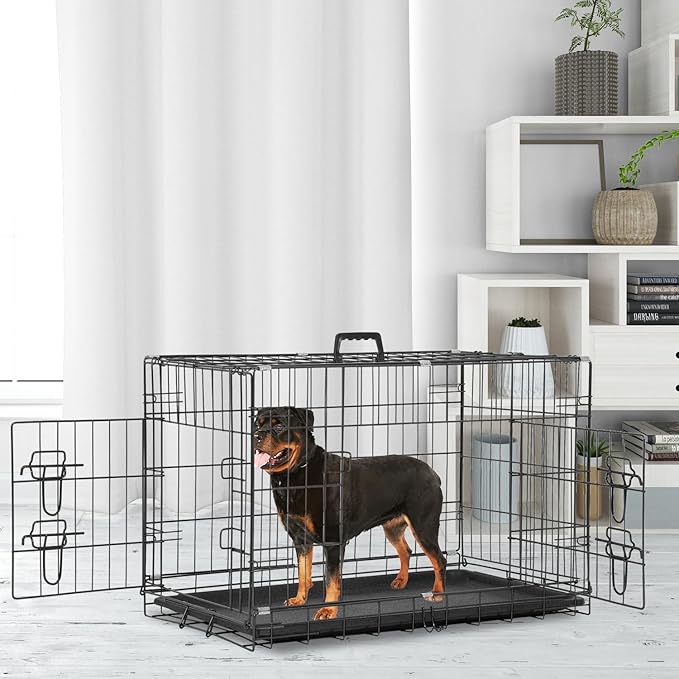 Dog Crate Dog Cage Dog Kennel Outdoor Metal Wire Double-Door Folding Pet Animal Pet Cage for Small Dog 30 inches with Double Door&Leak-Proof Pan Tray,Black
