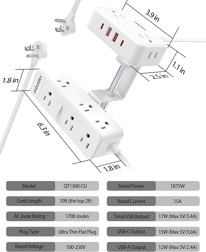 Dual Layer Desk Clamp Power Strip(White), Desktop Edge Mount Charging Station with 13 Outlets 4 USB Ports (2 USB C), Under Desk Surge Protector(1700 Joules), 10 Ft Extension Cord for Office