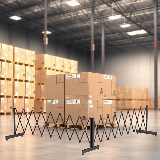 12.2FT Black Industrial Metal Expandable Barricade,Retractable Traffic Fence with Casters, Folding Security Gate,Portable Barricade Gate for Construction Area, Traffic Control, Cordon