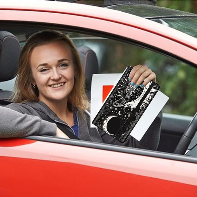 Car Registration and Insurance Holder, Leather Car Glove Box Organizer, Cool Car Accessories for ID, Driver's License Cards & Essential Document, business cards, Men&Women,Blacks Soon Moon Stars