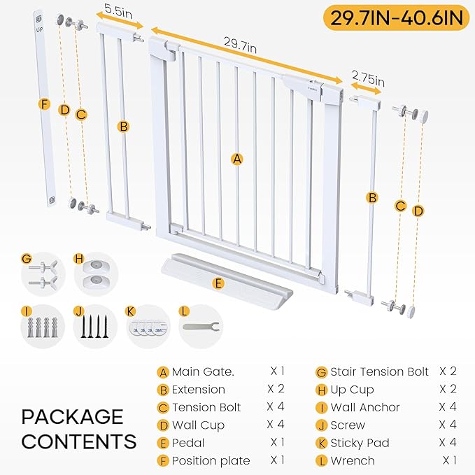 Cumbor 36" Extra Tall Baby Gate for Stairs, 29.7-40.6"(Extensions Included) Wide Dog Gate for Doorways, Pressure Mounted Auto-Close Pets Gates for Dogs Indoor, Durable Safety Child Gate, White