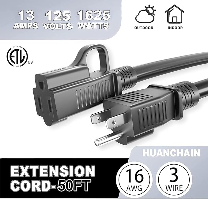 HUANCHAIN Indoor Outdoor Black Extension Cord 8 ft Waterproof, 16/3 Gauge Flexible Cold-Resistant Appliance Extension Cord Outside, 13A 1625W 16AWG SJTW, 3 Prong Electric Cable, ETL