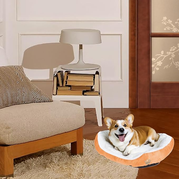 Round Dog Cat Beds Mattress Washable Pads Room, Soft Durable Plush Faux Fur Sleeping Pet Fleece Bed Mat for Small Doggy Kitten Puppy, with Anti-Slip Waterproof Bottom (Orange)