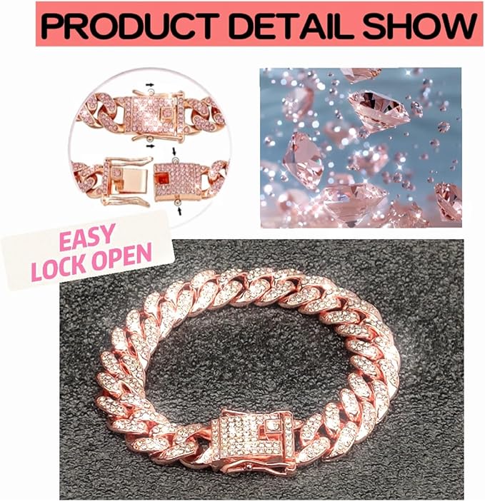 Cuban Link Dog Chain Collar Rose Gold Crystal Dog Necklace Metal with Design Secure Buckle Pet Collar Jewelry Accessories for Small Medium Large Dogs Cats(Rose Glod 24inch)