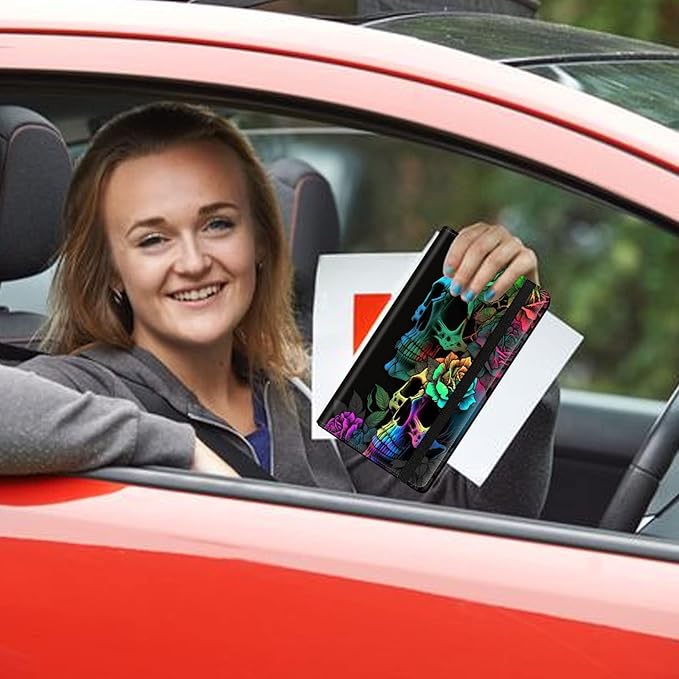 Car Registration and Insurance Holder, Leather Car Glove Box Organizer, Cool Car Accessories for ID, Driver's License Cards & Essential Document,business cards,Men&WomenColorful Rose Flower Skull