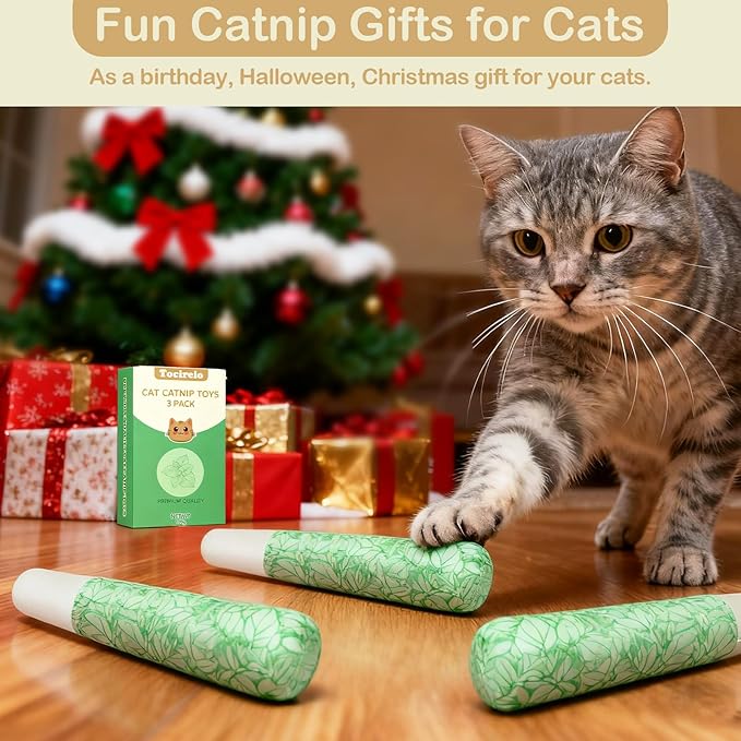 Tocirelo Catnip Toys for Cats 3pack - Bite Resistant Cat Nip Toys Filled with 100% Pure 45000mg A+Organic Catnip, Safe Kitten Teething Kicker Toys, Cat Chew Toy for Indoor Cats for Stress Relieving