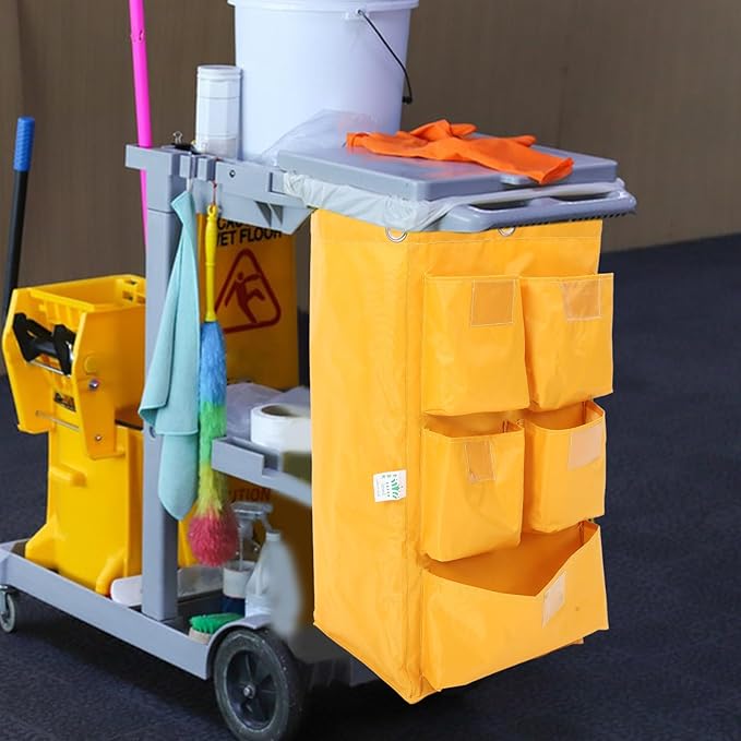 VALICLUD Replacement Waterproof Janitorial Cleaning Cart Bag with 5 Additional Compartments, Yellow Fabric Housekeeping Cart Storage Bag for Hotel and Commercial Cleaning Supplies