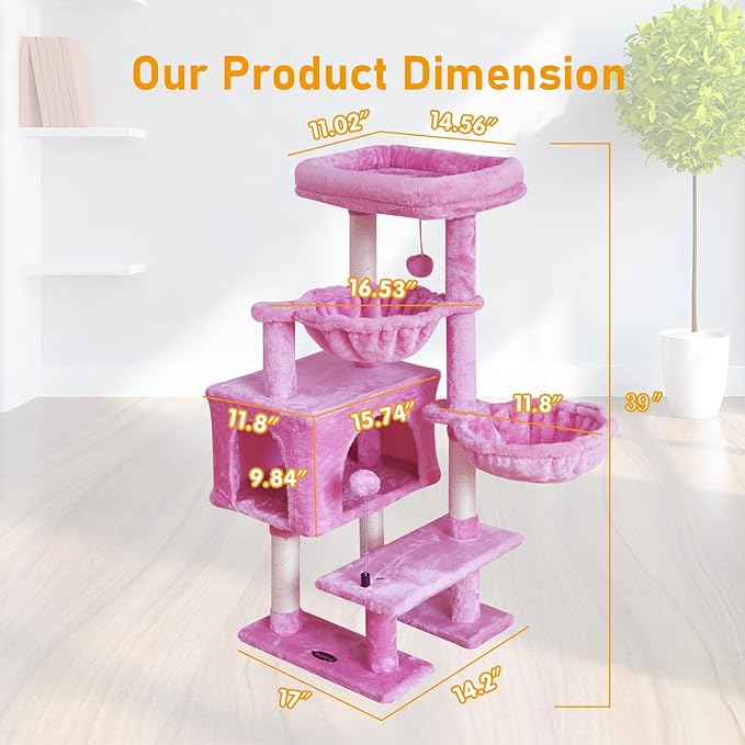 KIYUMI Cat Tree Cat Tower Condo with Sisal Scratching Post for Indoor Cats Cat Tree Cat Furniture with Hammock Perch and Kitten Ball Toys, Multi-Level Pet Activity Center Pink