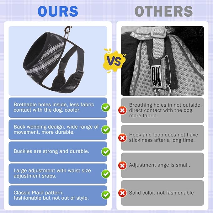 SCENEREAL No Pull Dog Harness Collar and Leash Set Small Medium Sized Dog, Soft Mesh Puppy Harnesses, No Chock Plaid Adjustable Pet Vest for Outdoor Walking Training and Running, Black XS