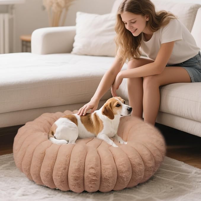Donut Dog and Cat Bed, Luxurious Comfortable Faux Rabbit Fur Pet Beds, Round Anti-Anxiety Calming Puppy Kitten Bed with Anti-Slip Bottom for Small Medium Dogs & Cats(23", Brown)