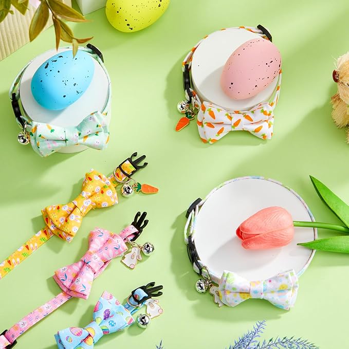 Hsei 6 Pcs Easter Cat Collar Bulk with Bow Tie Bell Spring Easter Eggs Carrots Bunny Rabbit Kitten Adjustable Breakaway Bowtie Collar for Boy Girl Cats Small Dog Pet Holiday Party Favors Gifts