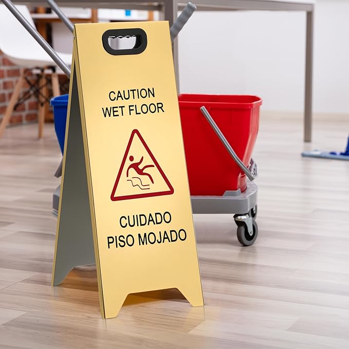 2 Pcs 24 Inch Stainless Steel Wet Floor Sign, Heavy Duty Caution Wet Floor Sign Double Sided Portable Foldable Bilingual Safety Warning for Restaurant Restroom Office Avoid Fall (Gold)