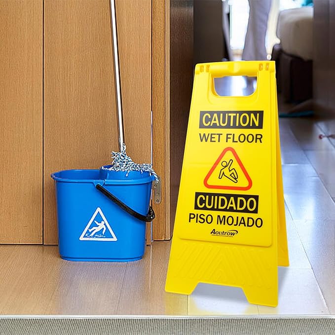 Caution Wet Floor Sign, (L:17.12in W:8.38in H:0.94in)2-Sided Foldable Safety Sign for Commercial Use, A Frame Caution Sign Bilingual Warning Signs, Yellow (yellow 2pack)