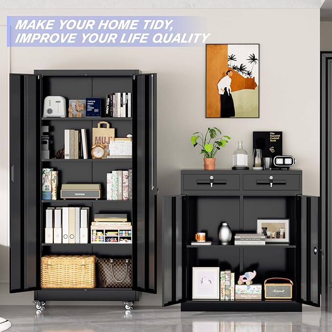 Superday Garage Storage Cabinet with Wheels,73" H Metal Storage Cabinet with Doors and Adjustable Shelves, Lockable Steel Utility Tool Cabinets for Garage, Home Office, Kitchen(Black)