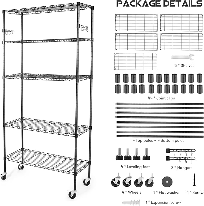 YNN Storage Shelves,1750Lbs 5 Tier Heavy Duty Metal Rolling Shelving Unit with Wheels & 8 Hooks, Adjustable Garage Wire Rack for Kitchen, Bathroom,Industrial,Pantry(36" W x 14" D x 72" H,Black)