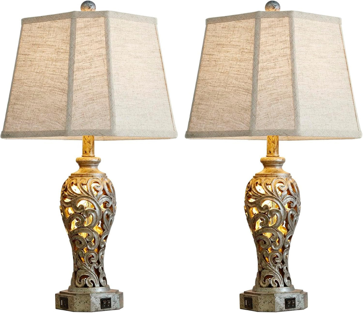25' Vintage Table Lamps Set of 2 for Living Room with USB C+A