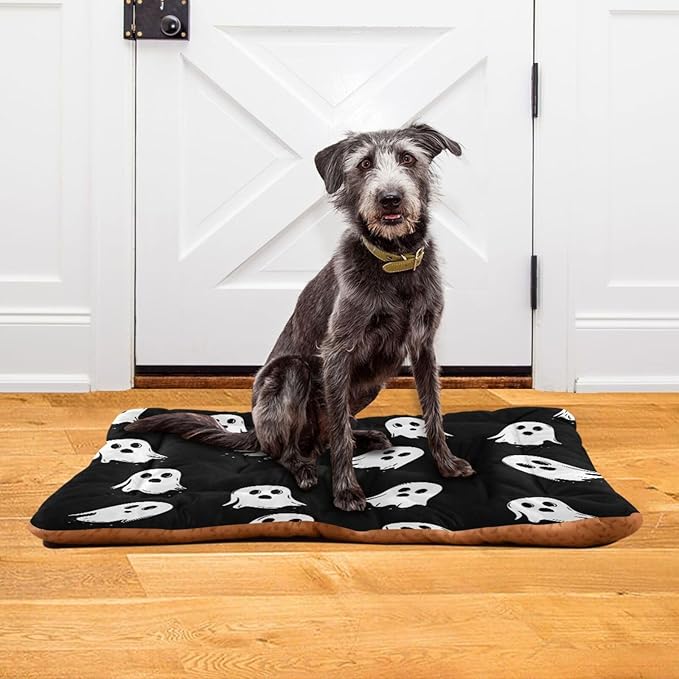 Halloween Dog Bed Mat - Ghost Spooky Comfortable Pet Kennel Washable Cat Crate Pad Sleeping Mattress for Large Medium Small Dogs - 36 x24 Inch