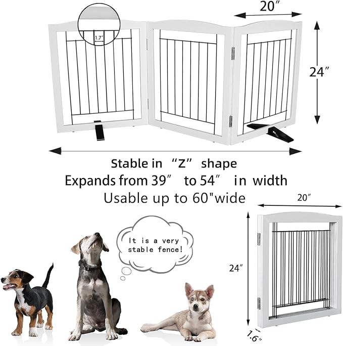 Dog Fence Indoor - 3-Panel Freestanding Dog Gate for Doorways, Hallways, House or Stairs -60x24-Inch Retractable Foldable Expandable Wood Pet by SFJC (White) 