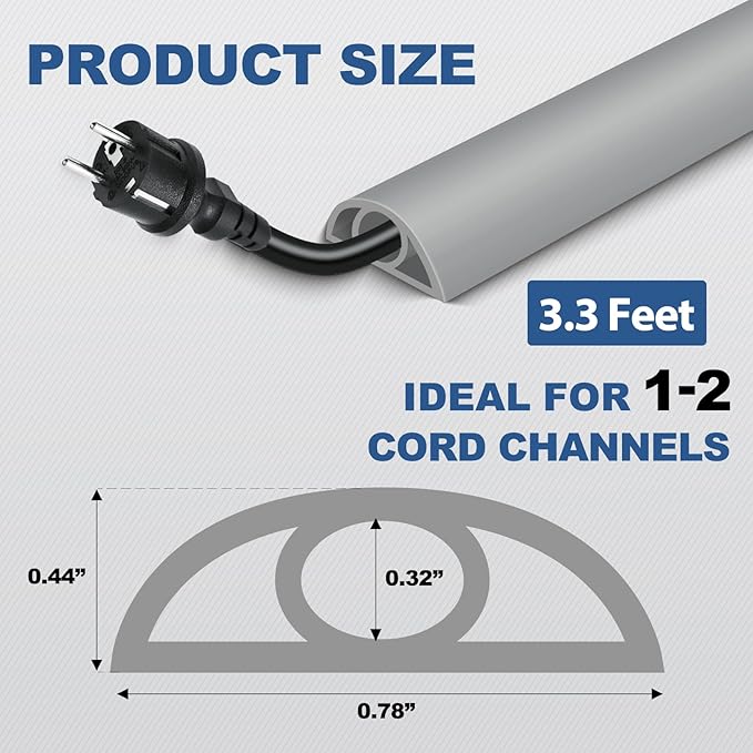 Floor Cord Cover for Wires on Floor Self Adhesive Cord Hider Floor Cable Management Wire Covers for Cords Protector Prevent Cable Trips Cord Cavity W 0.32" x H 0.32", Gray, 3.3Ft